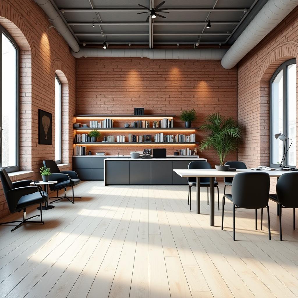 Intérieur des bureaux Loft Compass murs de briques et mobilier design