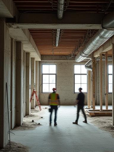 Rénovation en cours d'un espace industriel avec ouvriers