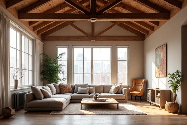 Salon loft avec poutres apparentes et grande hauteur sous plafond