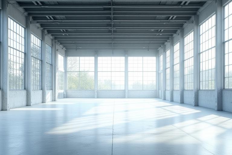 Espace vide style industriel sol béton et grandes fenêtres