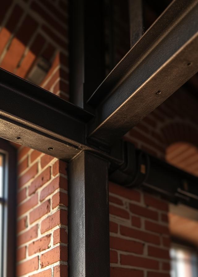 Détail architectural structure métallique et mur de briques rouges